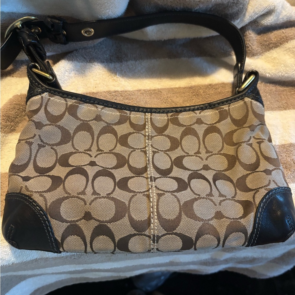 Coach Tan and Black Signature Shoulder Bag